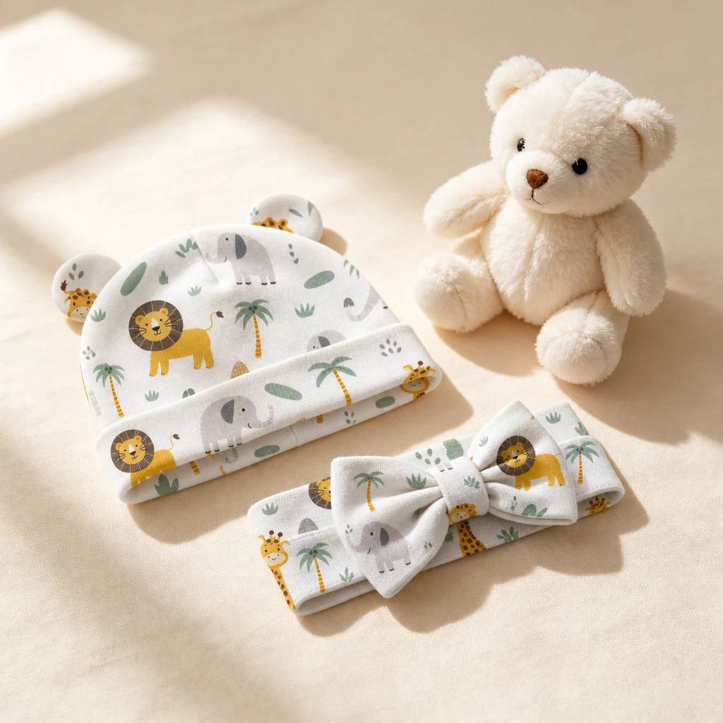 Printed baby hat and headband accessory set