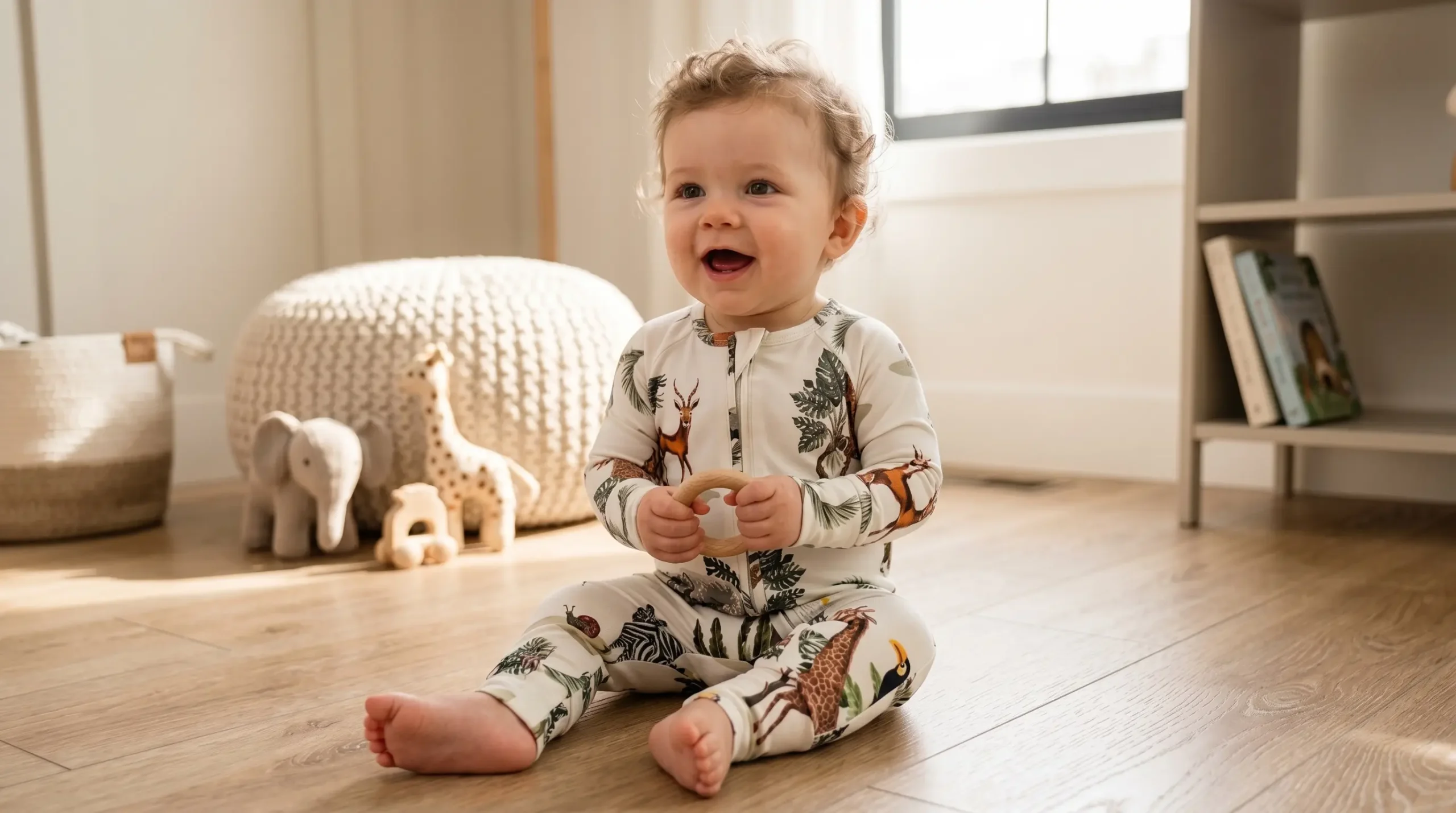 Baby in printed zipper bodysuit, infant clothing